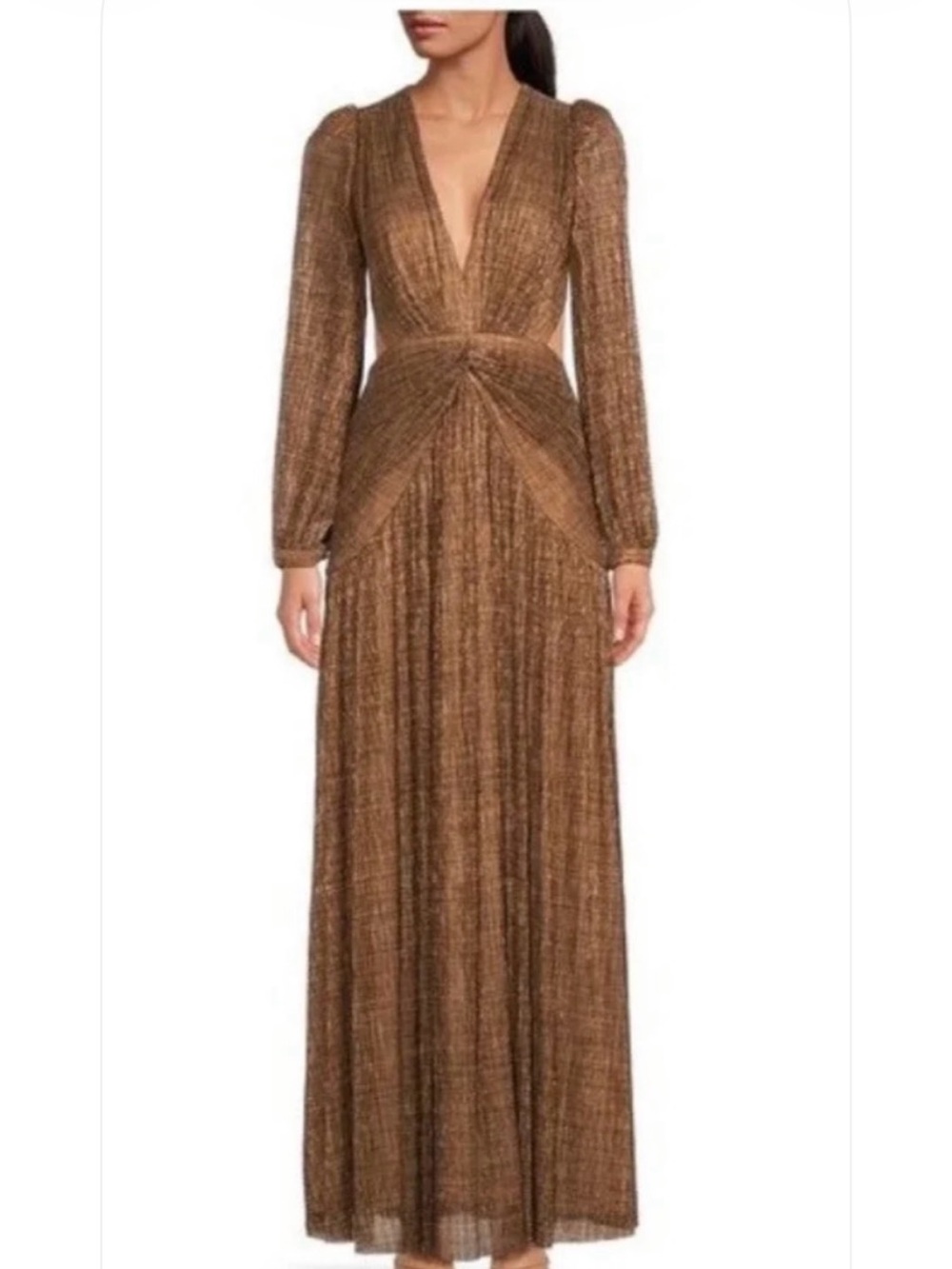 Gianni Bini BronzeMetallic Chiffon V-Neck Long Sleeve Open Back  Gown dress NWTs